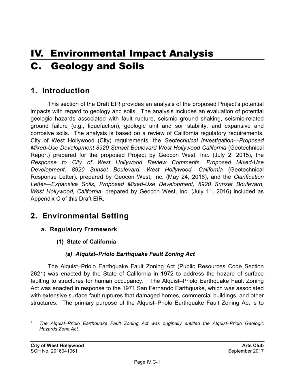 IV. Environmental Impact Analysis C. Geology and Soils