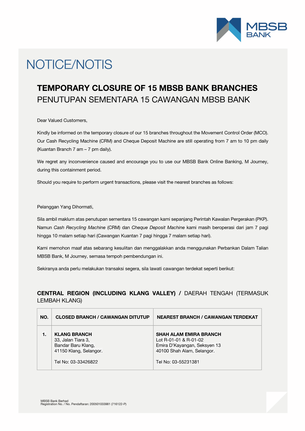 Temporary Closure of 15 Mbsb Bank Branches Penutupan Sementara 15 Cawangan Mbsb Bank