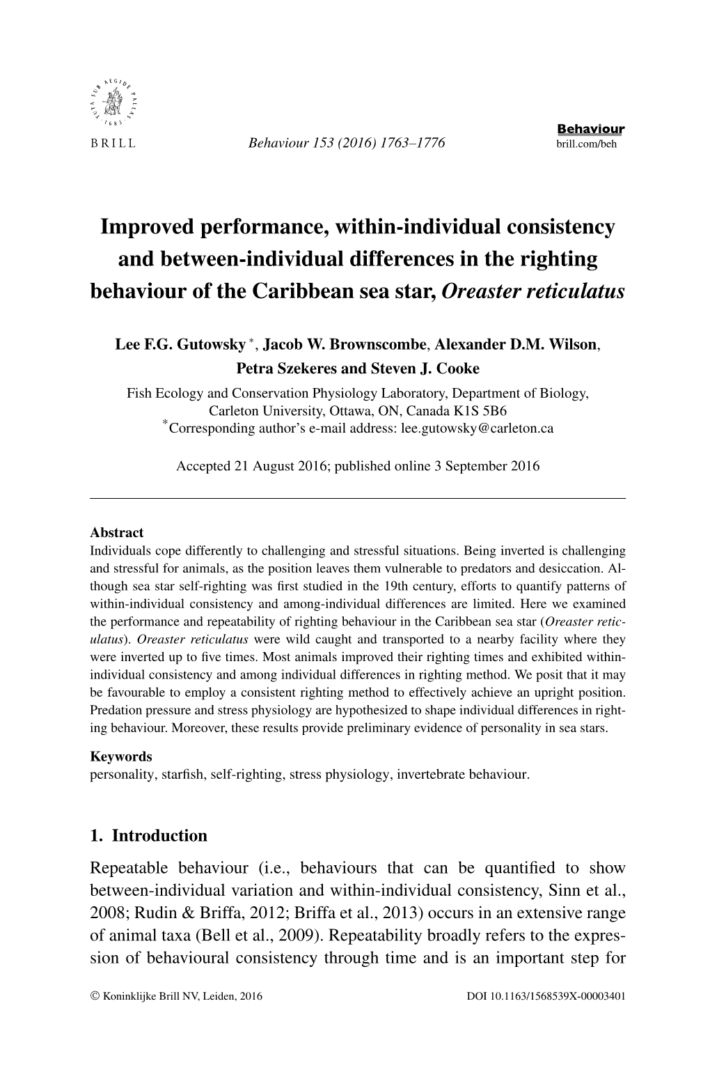 Improved Performance, Within-Individual Consistency and Between-Individual Differences in the Righting Behaviour of the Caribbean Sea Star, Oreaster Reticulatus