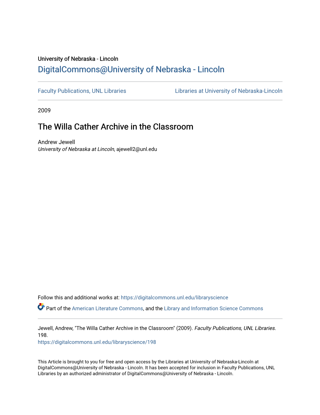 The Willa Cather Archive in the Classroom