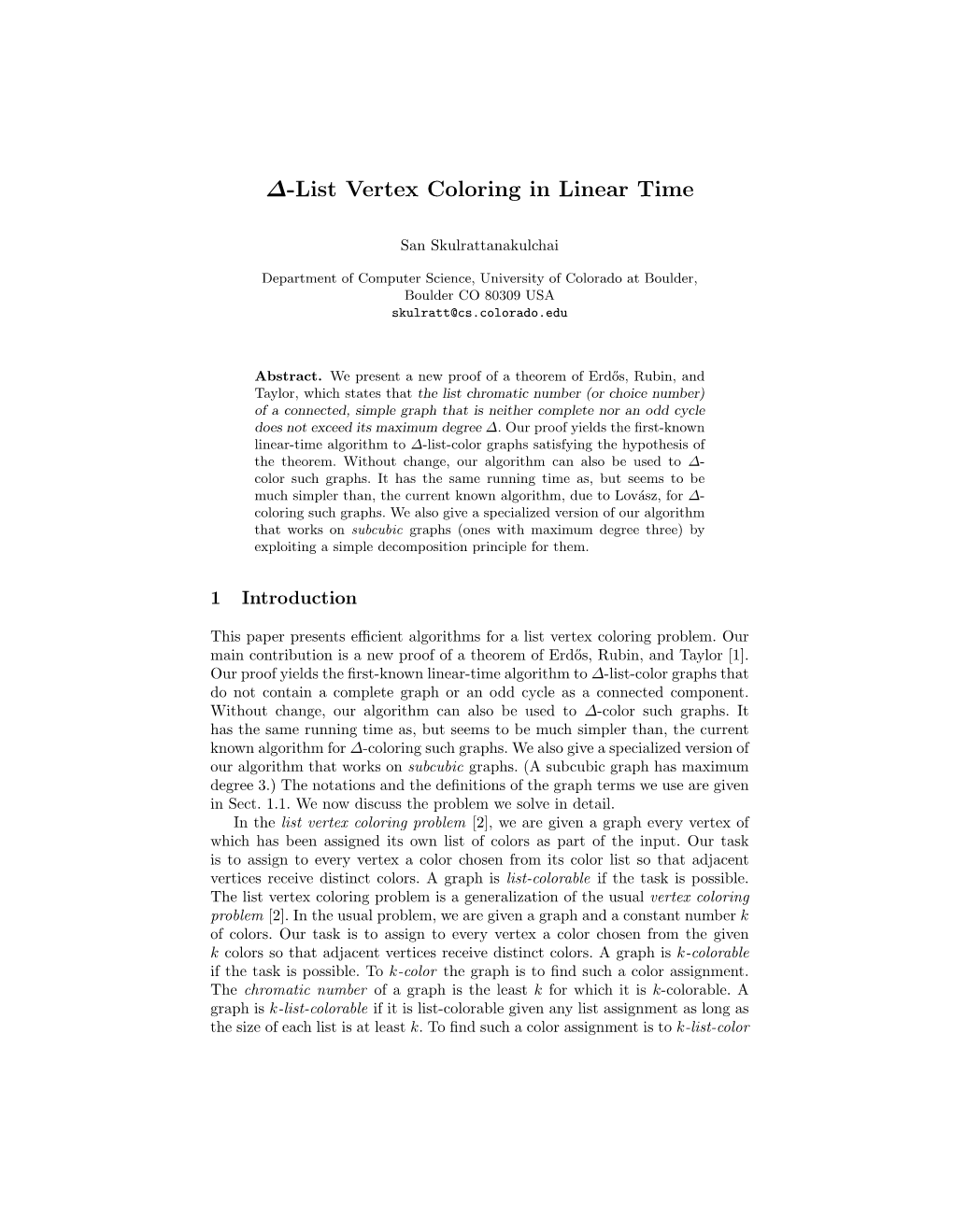∆-List Vertex Coloring in Linear Time