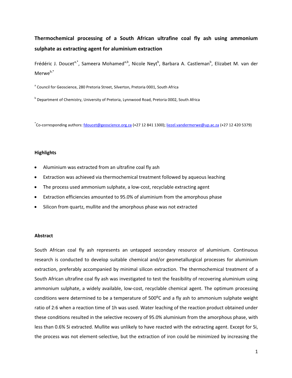 Thermochemical Processing of a South African Ultrafine Coal Fly Ash Using Ammonium Sulphate As Extracting Agent for Aluminium Extraction