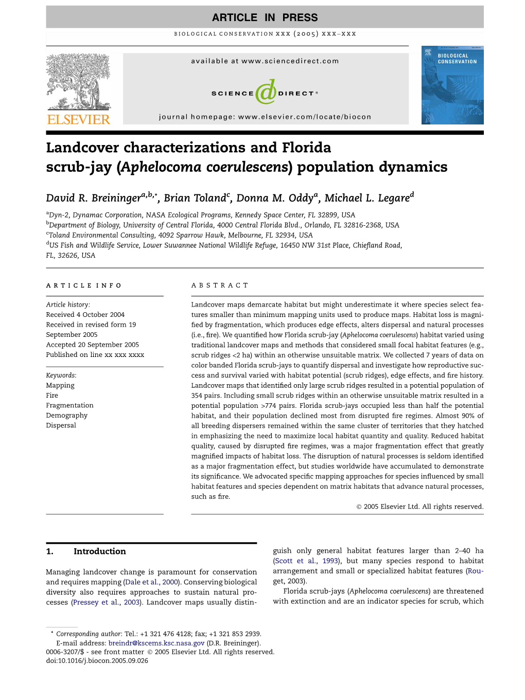 Landcover Characterizations and Florida Scrub-Jay (Aphelocoma Coerulescens) Population Dynamics