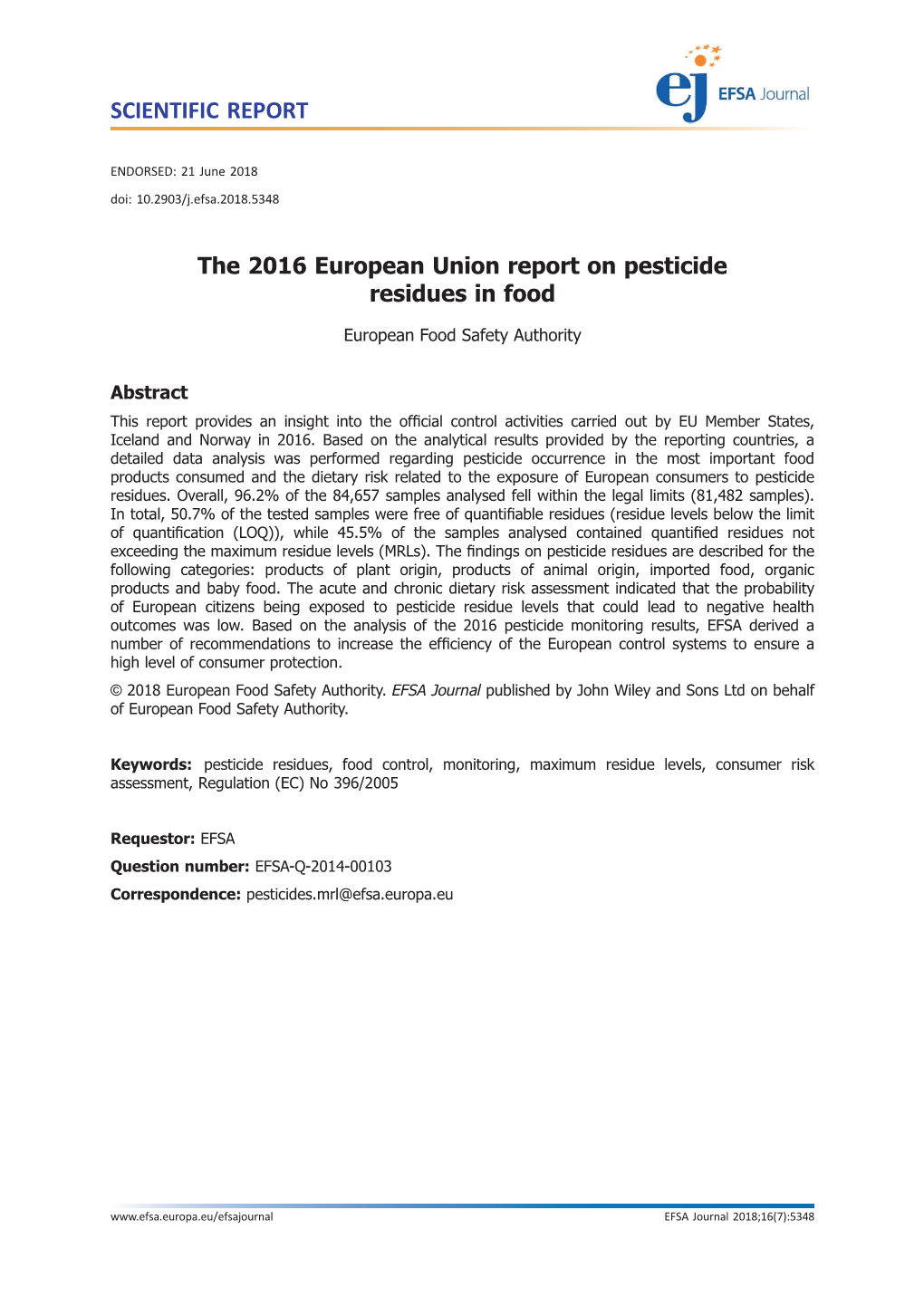 The 2016 European Union Report on Pesticide Residues in Food