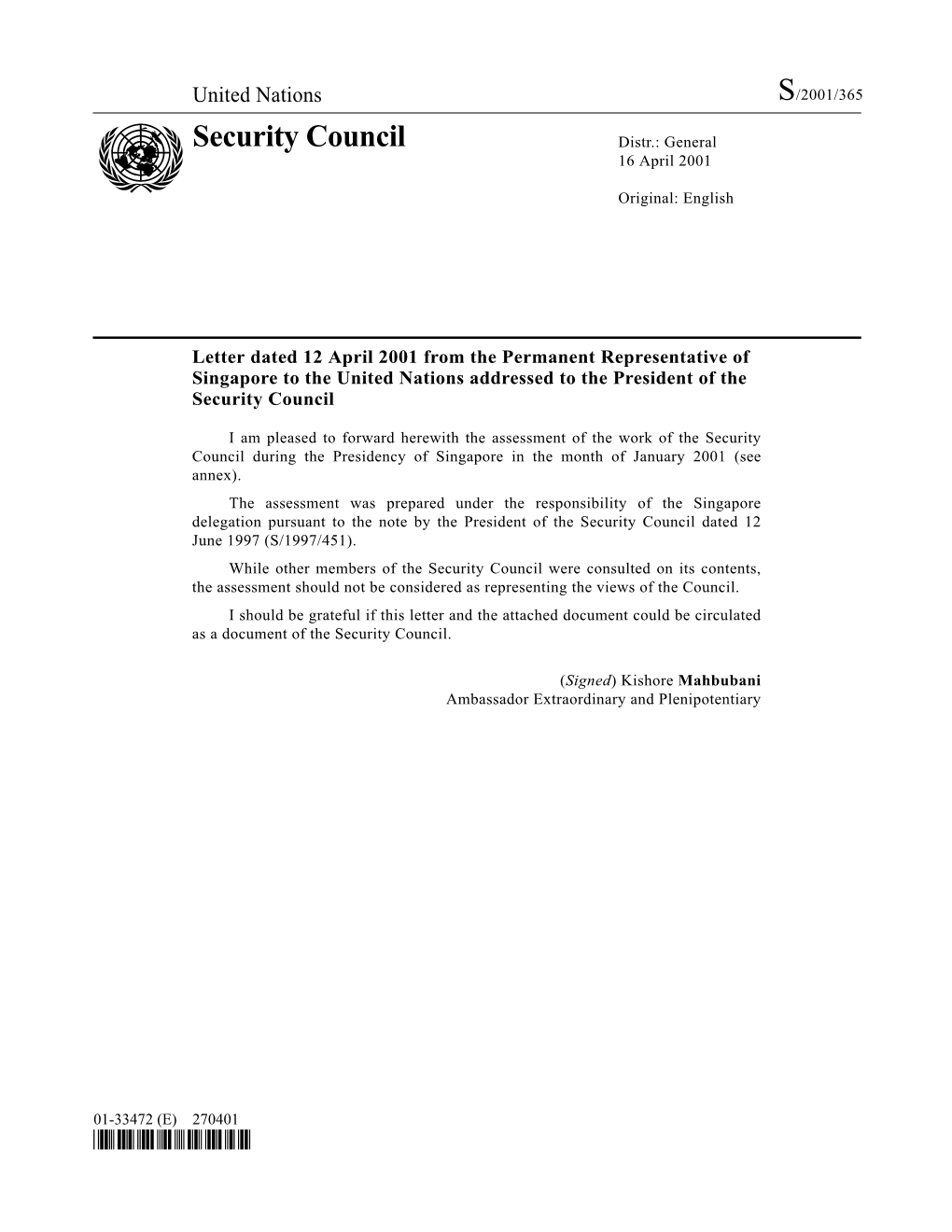 Security Council Distr.: General 16 April 2001