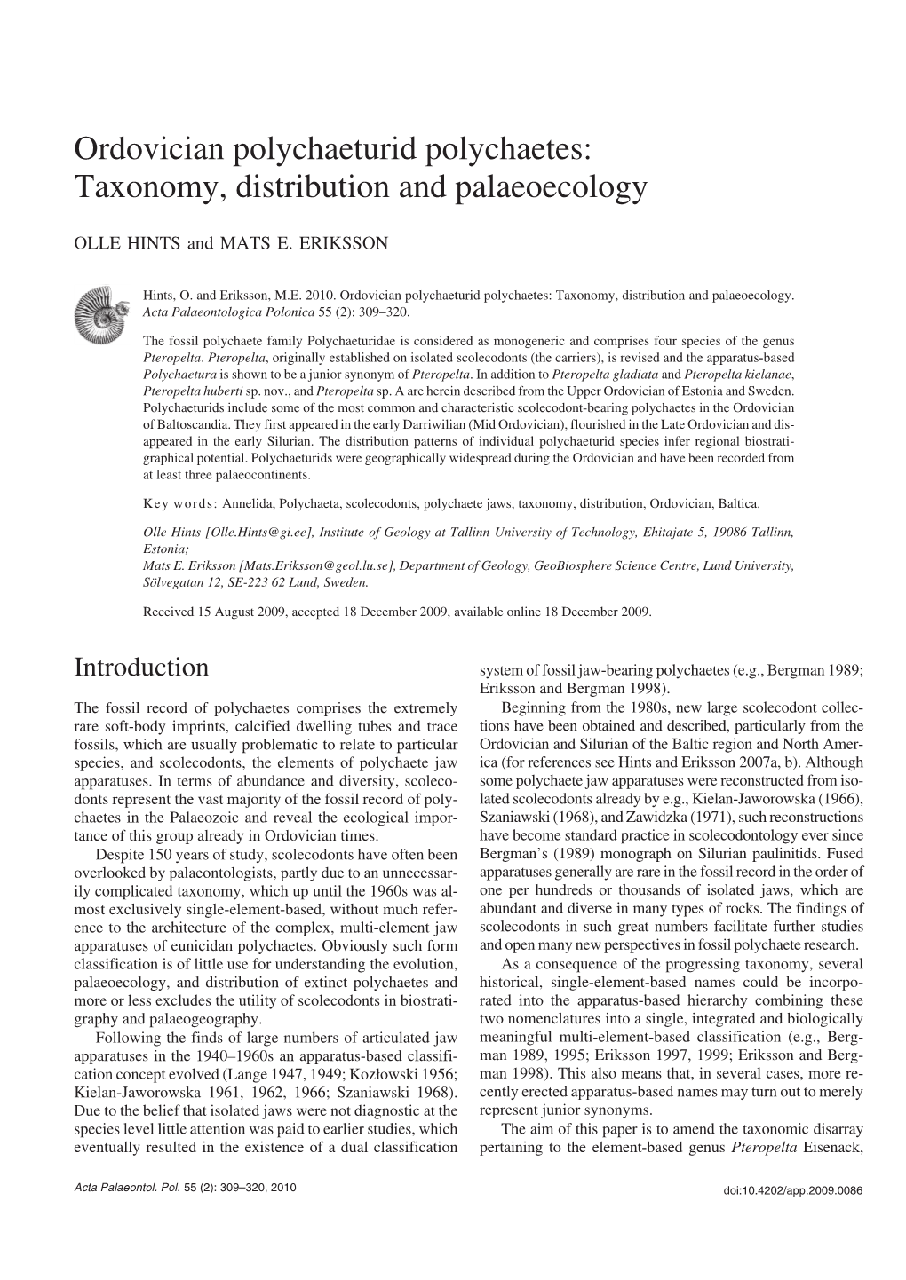 Ordovician Polychaeturid Polychaetes: Taxonomy, Distribution and Palaeoecology