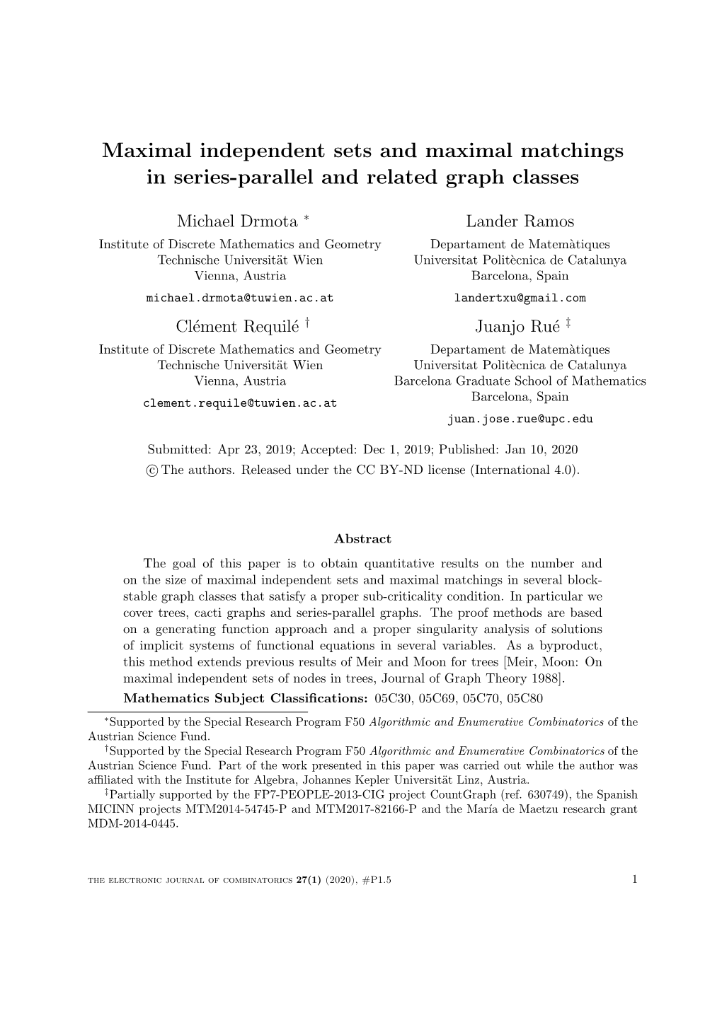 Maximal Independent Sets and Maximal Matchings in Series-Parallel and Related Graph Classes