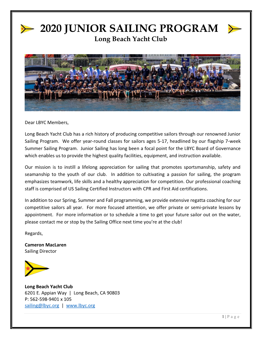 2020 JUNIOR SAILING PROGRAM Long Beach Yacht Club