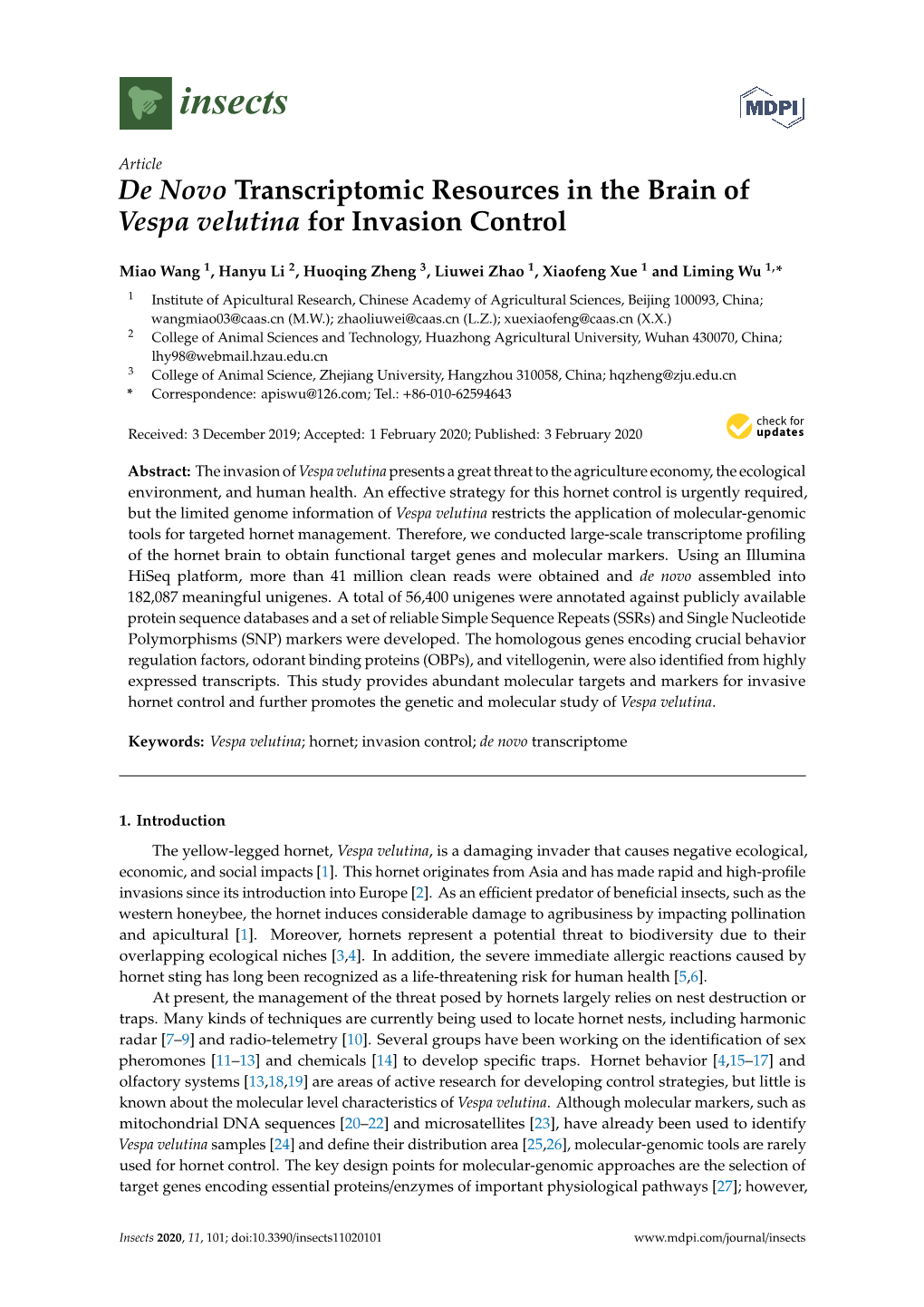 De Novo Transcriptomic Resources in the Brain of Vespa Velutina for Invasion Control