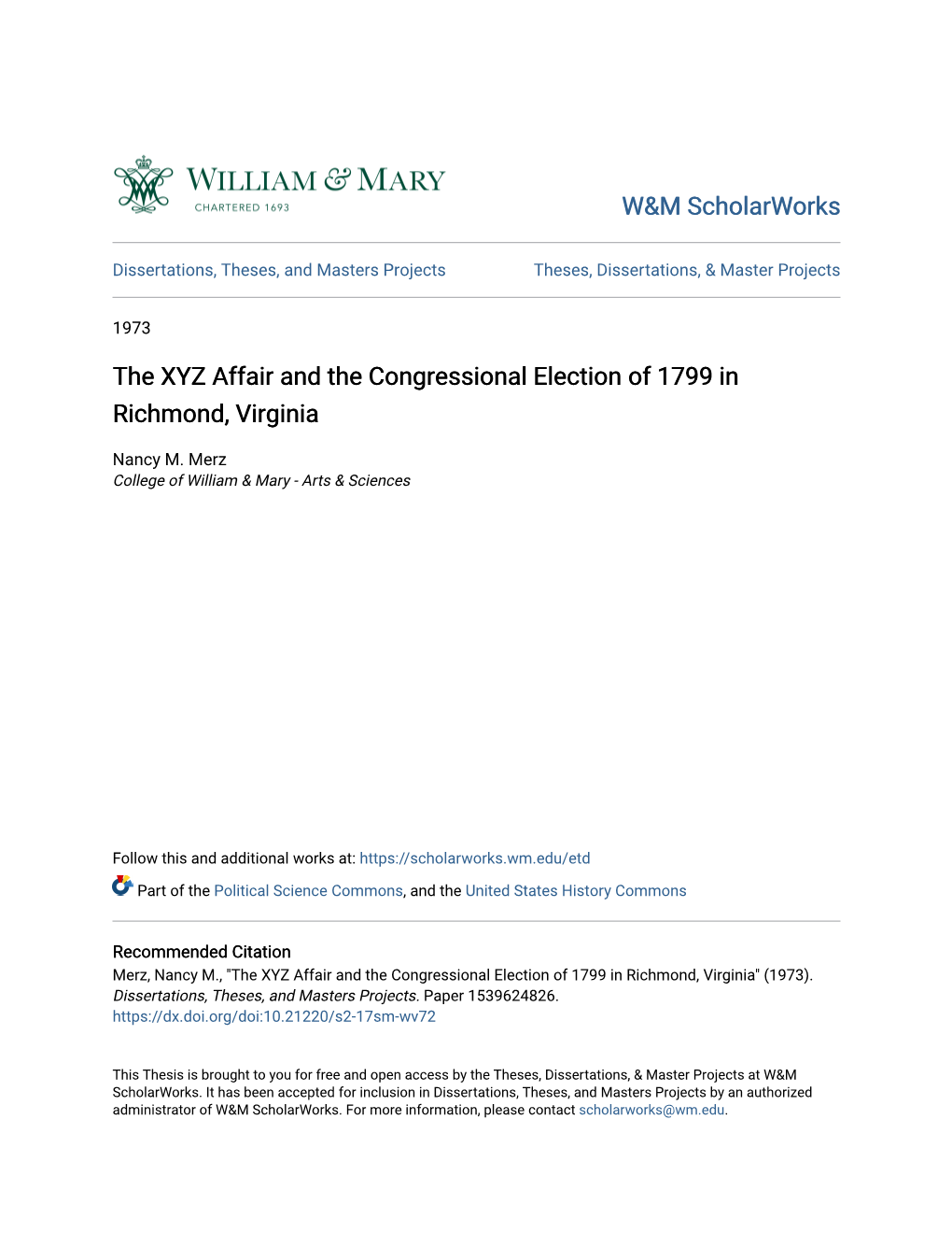 The XYZ Affair and the Congressional Election of 1799 in Richmond, Virginia