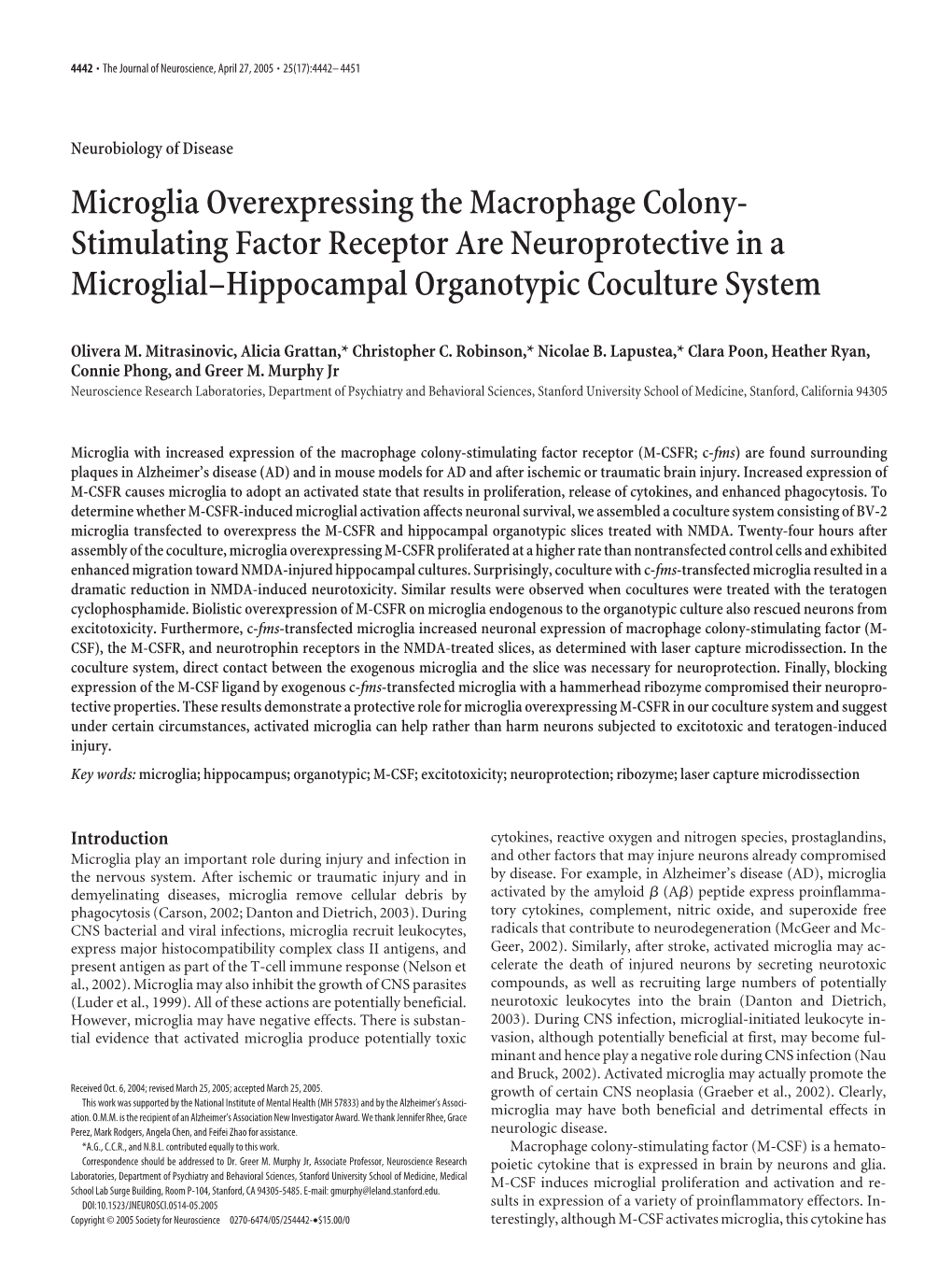 Microglia Overexpressing the Macrophage Colony- Stimulating Factor Receptor Are Neuroprotective in a Microglial–Hippocampal Organotypic Coculture System