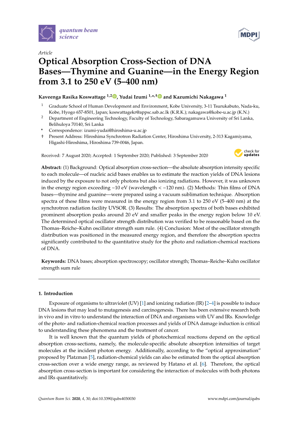 Optical Absorption Cross-Section of DNA Bases—Thymine and Guanine—In the Energy Region from 3.1 to 250 Ev (5–400 Nm)