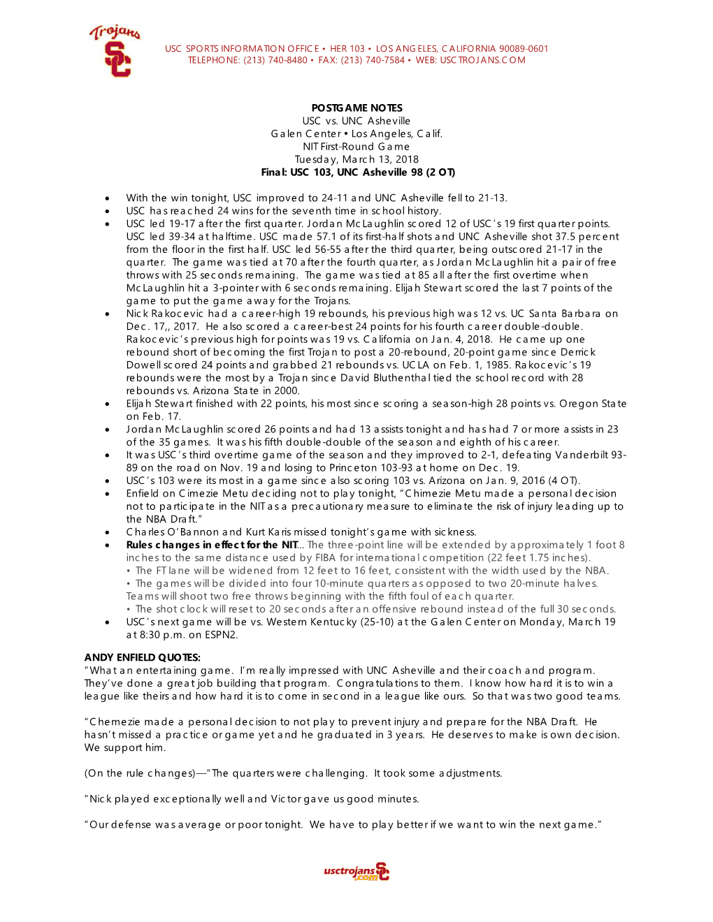 POSTGAME NOTES USC Vs. UNC Asheville Galen Center • Los