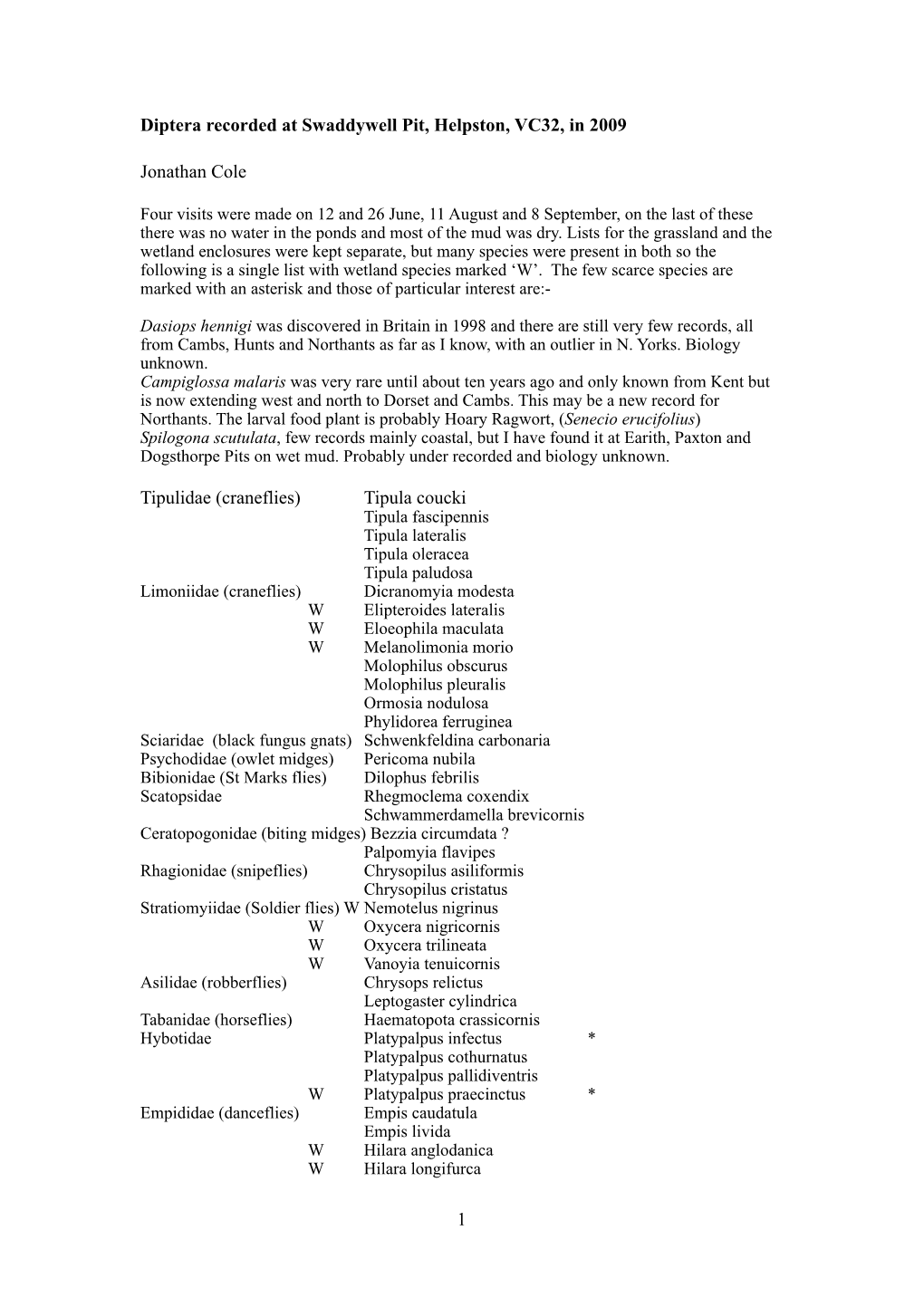 Diptera Recorded at Swaddywell Pit 2009