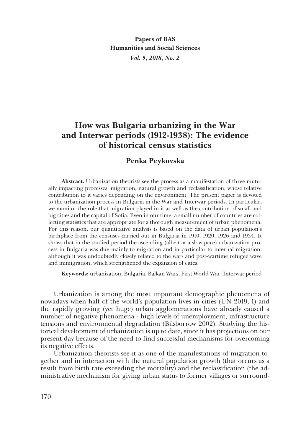 How Was Bulgaria Urbanizing in the War and Interwar Periods (1912-1938): the Evidence of Historical Census Statistics