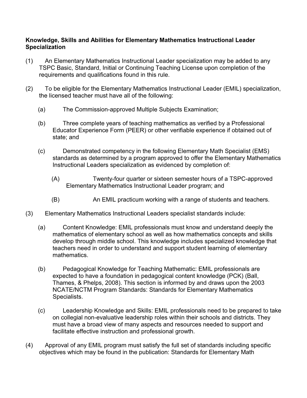 Knowledge, Skills and Abilities for Elementary Mathematics Instructional Leader Specialization