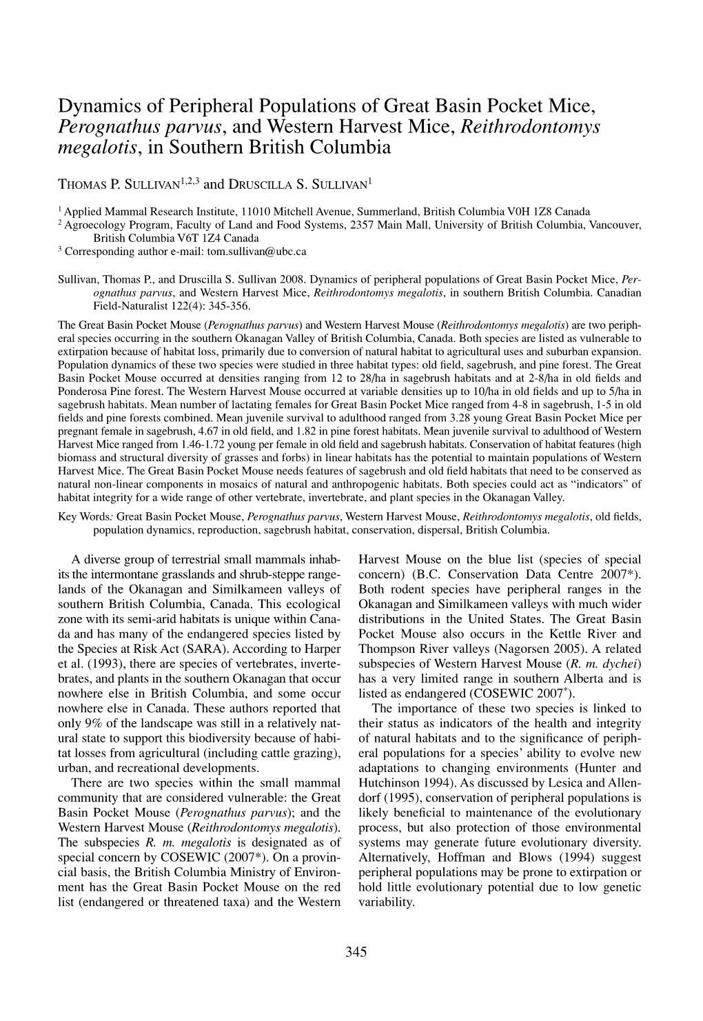 Dynamics of Peripheral Populations of Great Basin Pocket Mice, Perognathus Parvus , and Western Harvest Mice, Reithrodontomys Megalotis , in Southern British Columbia