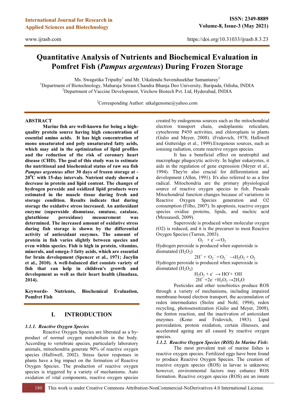 Quantitative Analysis of Nutrients and Biochemical Evaluation in Pomfret Fish (Pampus Argenteus) During Frozen Storage