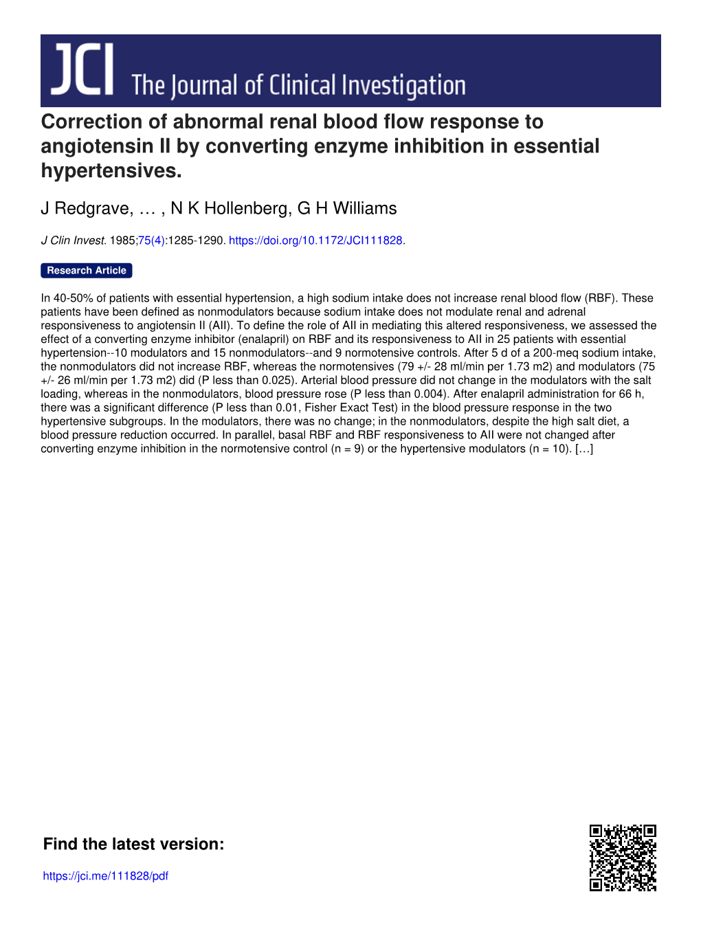 Correction of Abnormal Renal Blood Flow Response to Angiotensin II by Converting Enzyme Inhibition in Essential Hypertensives