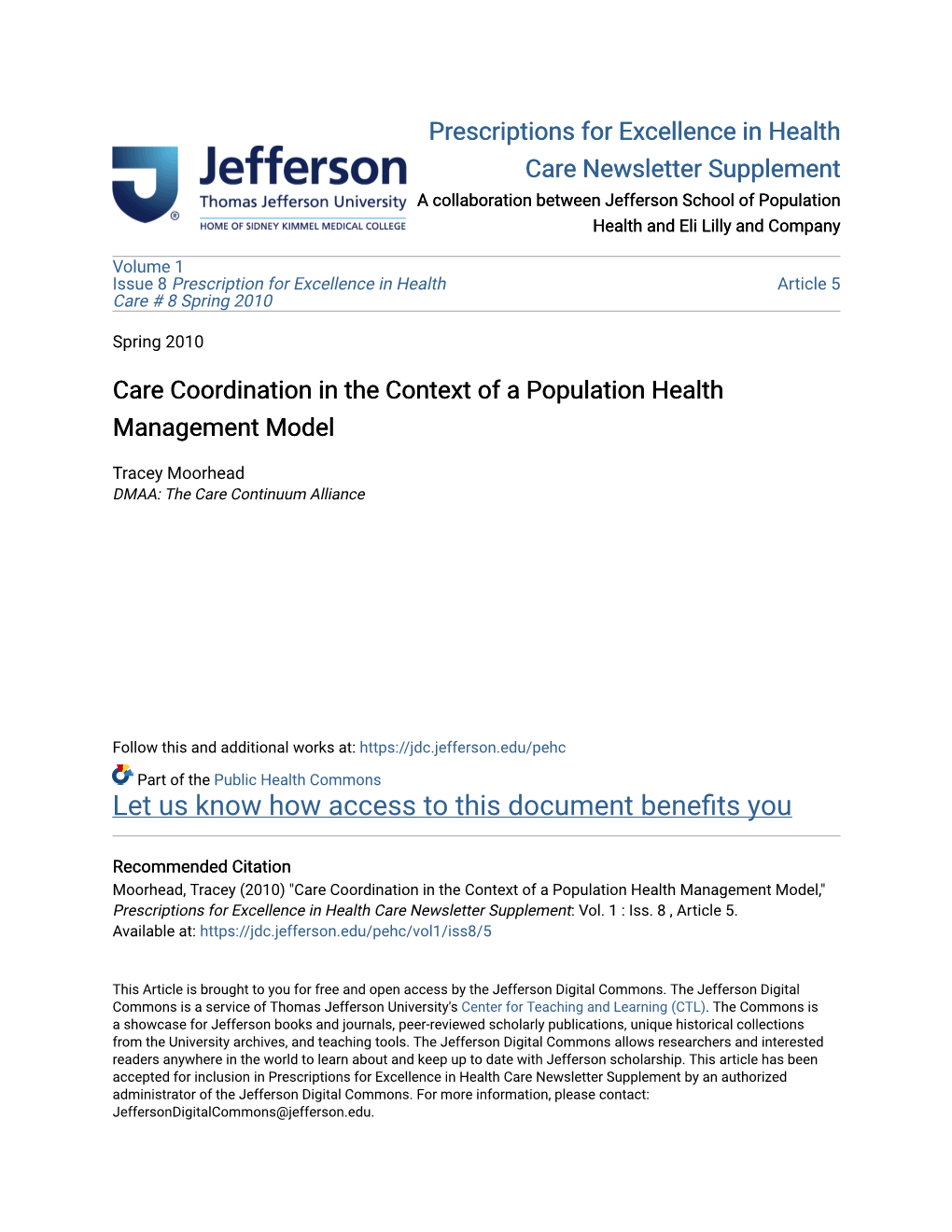 Care Coordination in the Context of a Population Health Management Model