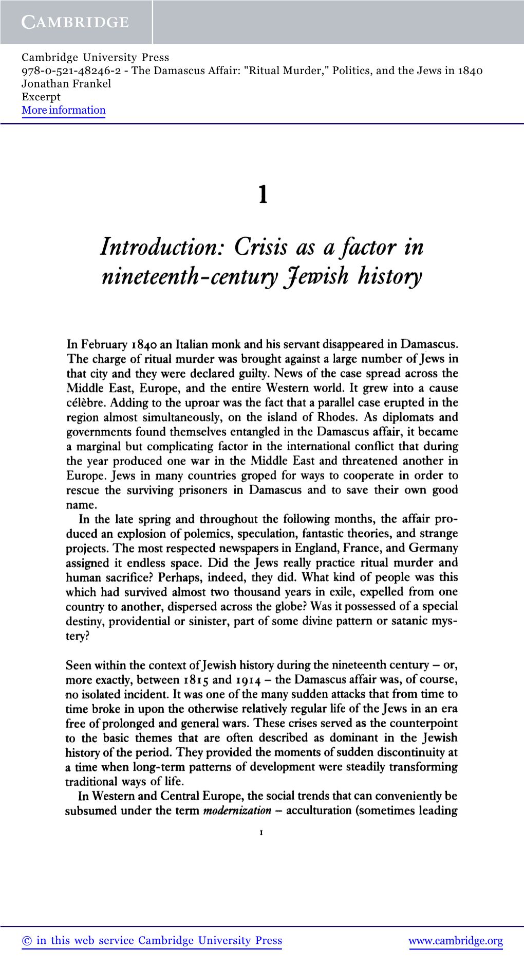 Crisis As a Factor in Nineteenth-Century Jewish History