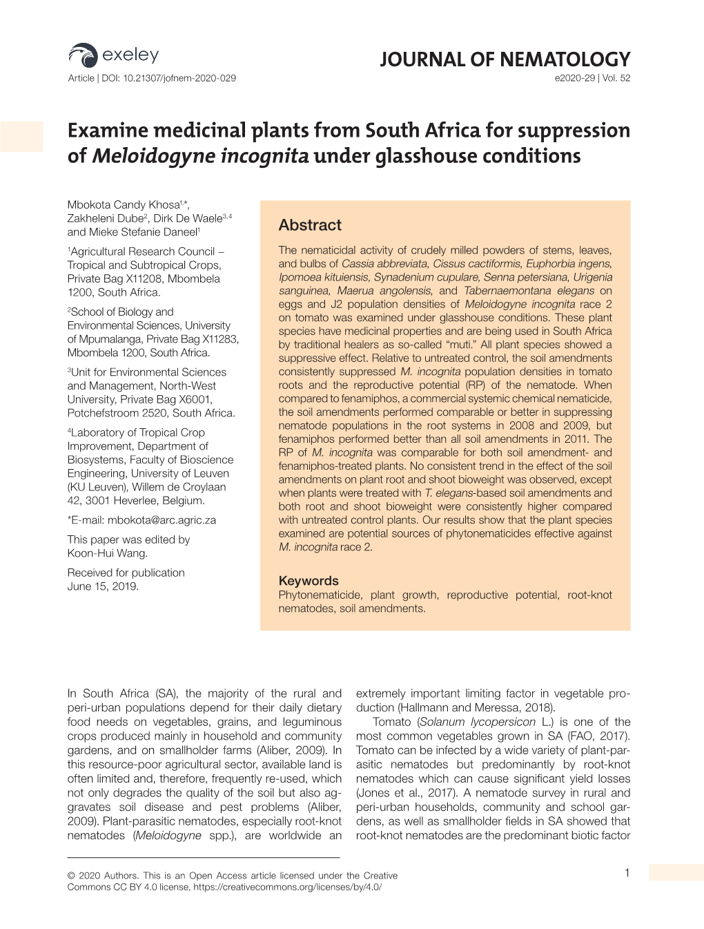 Examine Medicinal Plants from South Africa for Suppression of Meloidogyne Incognita Under Glasshouse Conditions