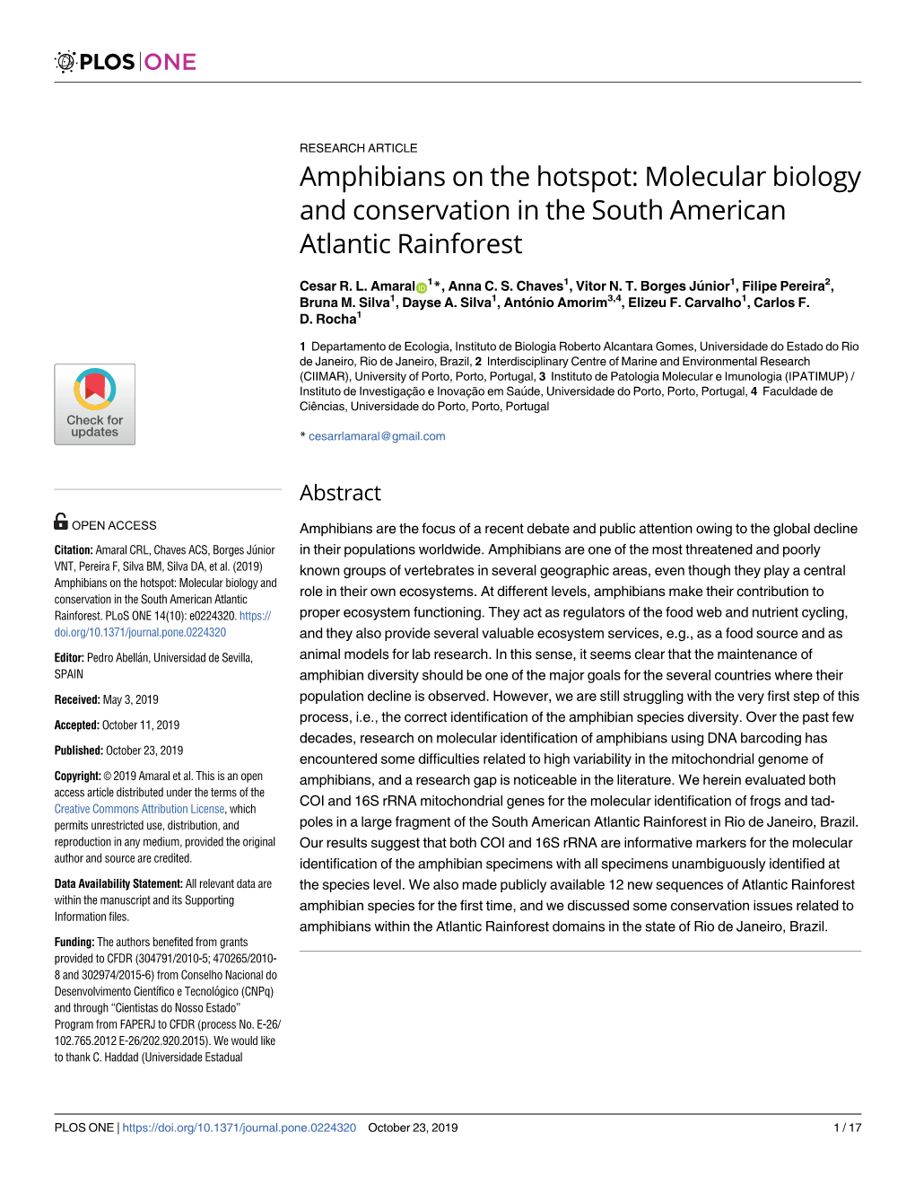 Amphibians on the Hotspot: Molecular Biology and Conservation in the South American Atlantic Rainforest