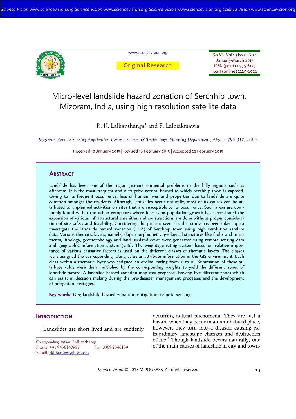 Micro-Level Landslide Hazard Zonation of Serchhip Town, Mizoram, India, Using High Resolution Satellite Data