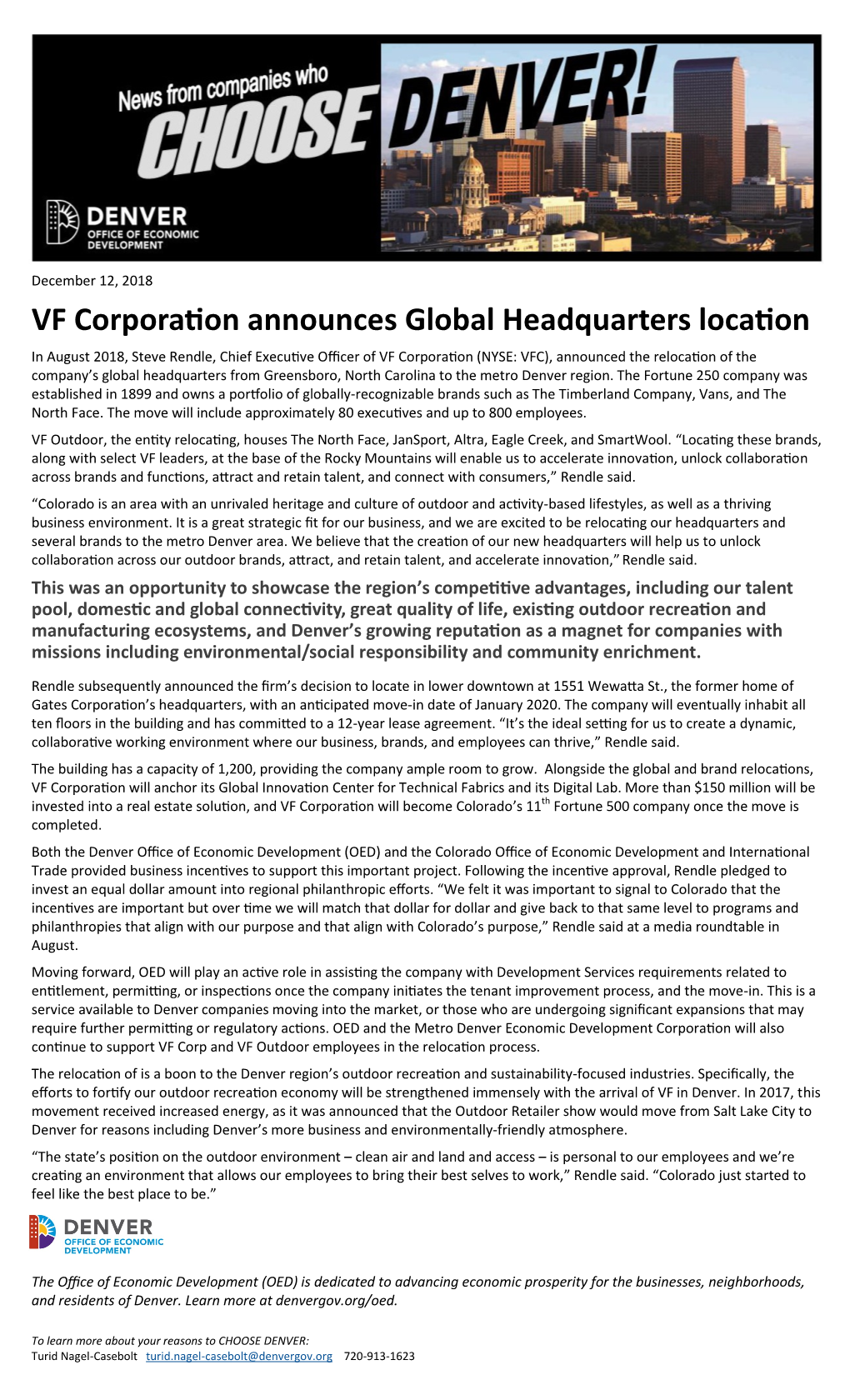 VF Corporation Announces Global Headquarters Location