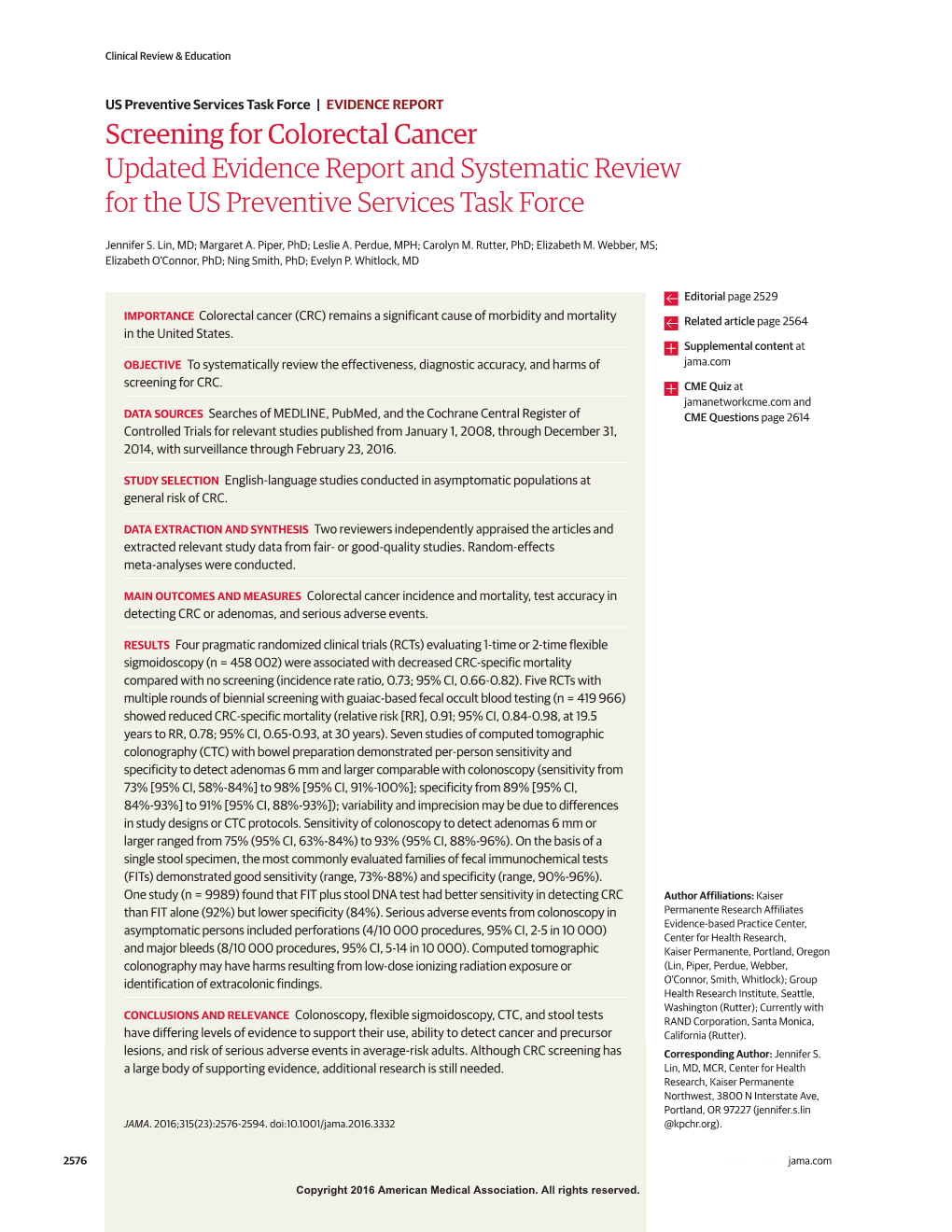 Screening for Colorectal Cancer Updated Evidence Report and Systematic Review for the US Preventive Services Task Force