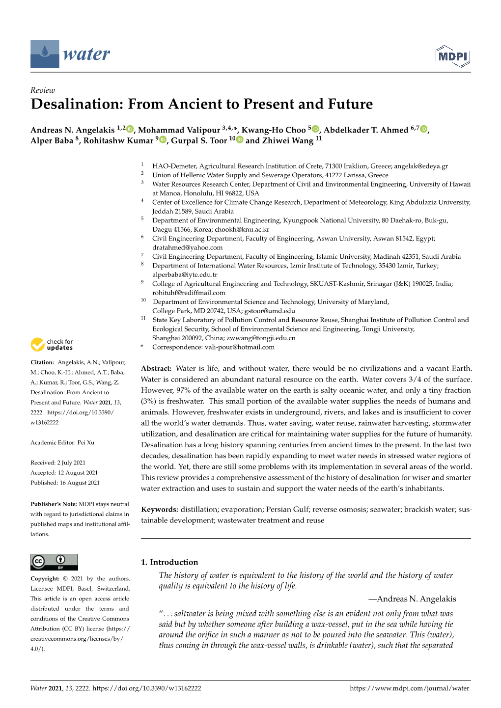 Desalination: from Ancient to Present and Future