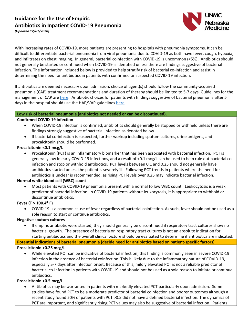 Guidance for the Use of Empiric Antibiotics in Inpatient COVID-19 Pneumonia (Updated 12/01/2020)