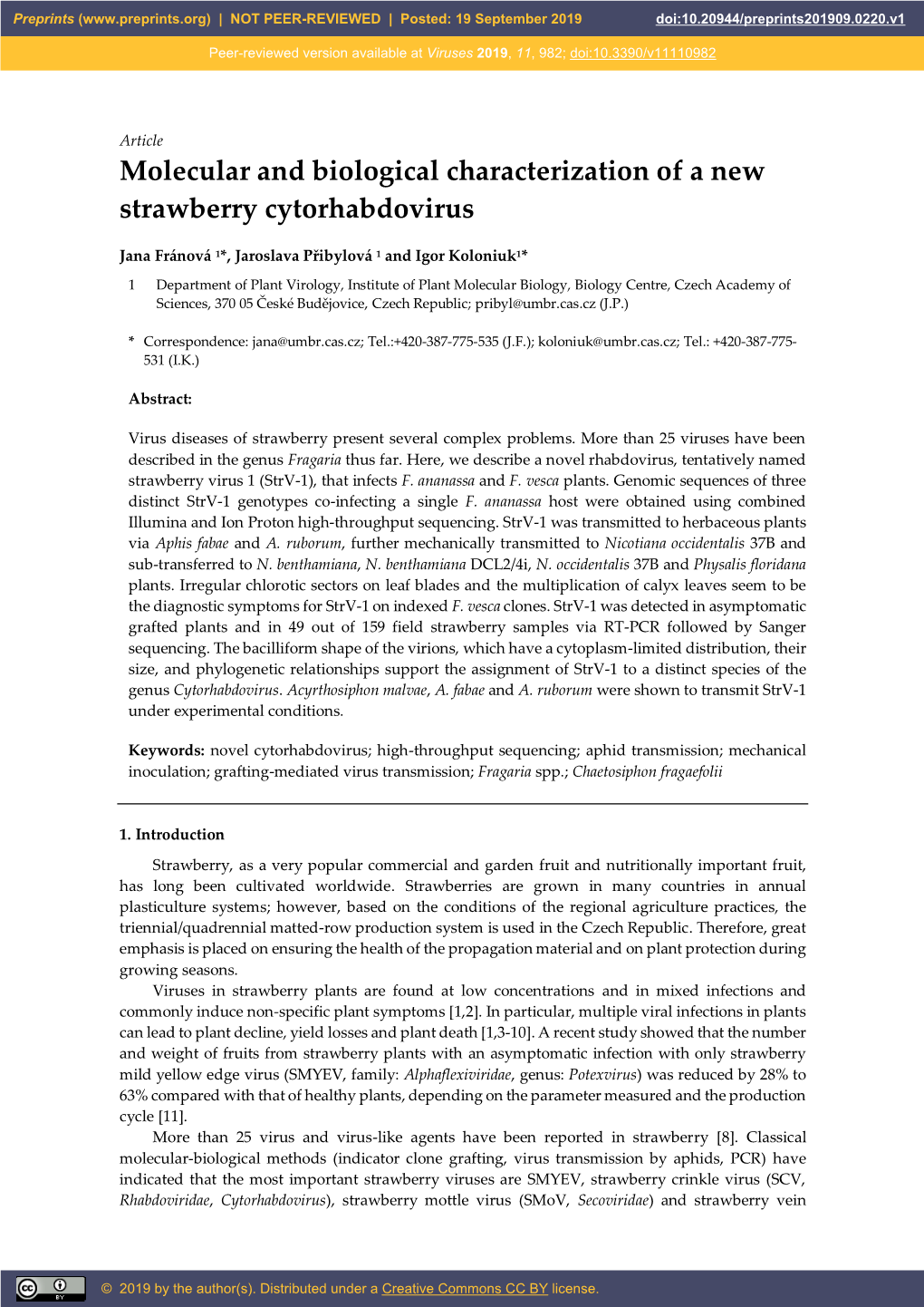 Molecular and Biological Characterization of a New Strawberry Cytorhabdovirus