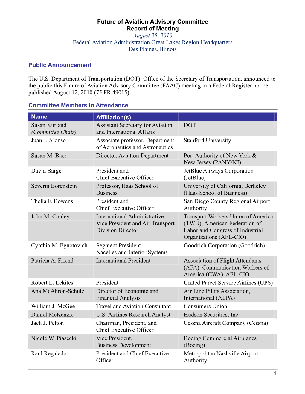 Future of Aviation Advisory Committee Record of Meeting August 25, 2010 Federal Aviation Administration Great Lakes Region Headquarters Des Plaines, Illinois