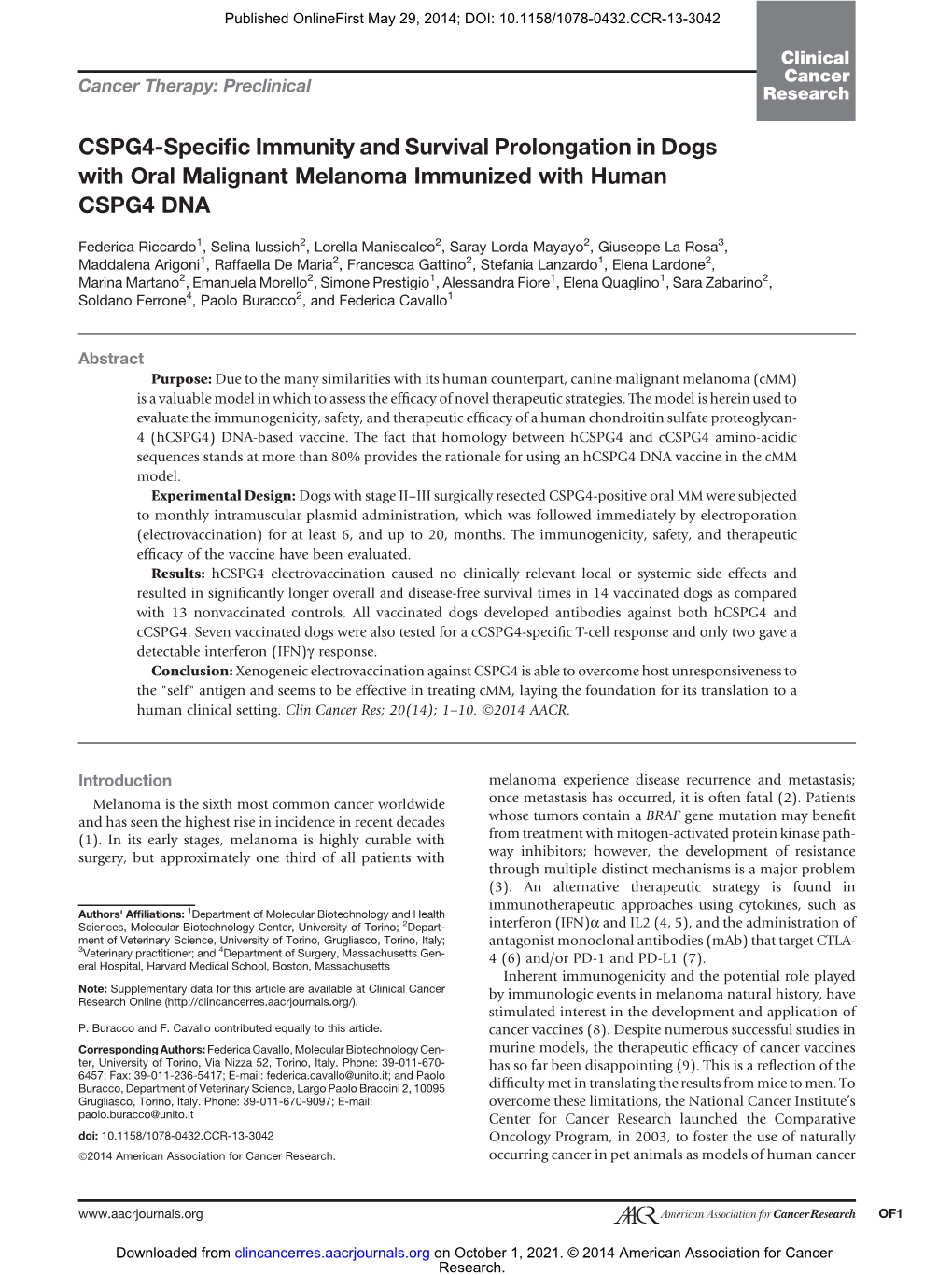 CSPG4-Specific Immunity and Survival Prolongation in Dogs with Oral Malignant Melanoma Immunized with Human CSPG4 DNA