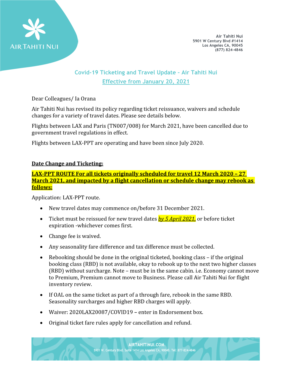 Covid-19 Ticketing and Travel Update – Air Tahiti Nui Effective from January 20, 2021