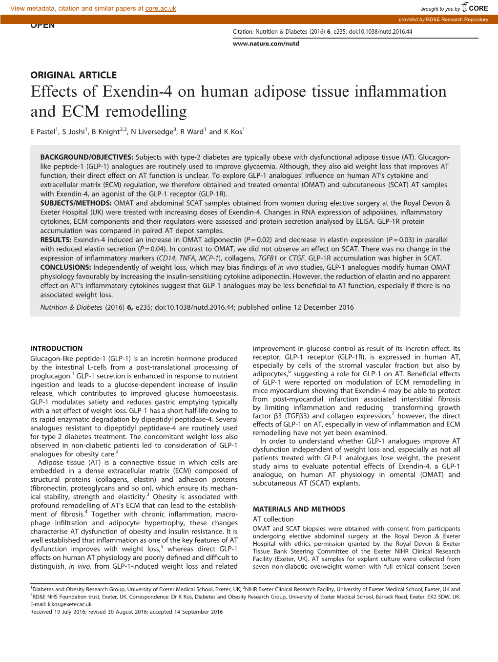 Effects of Exendin-4 on Human Adipose Tissue Inflammation and ECM Remodelling