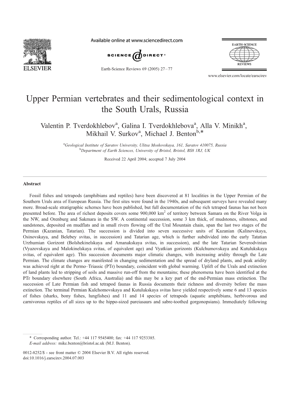 Upper Permian Vertebrates and Their Sedimentological Context in the South Urals, Russia