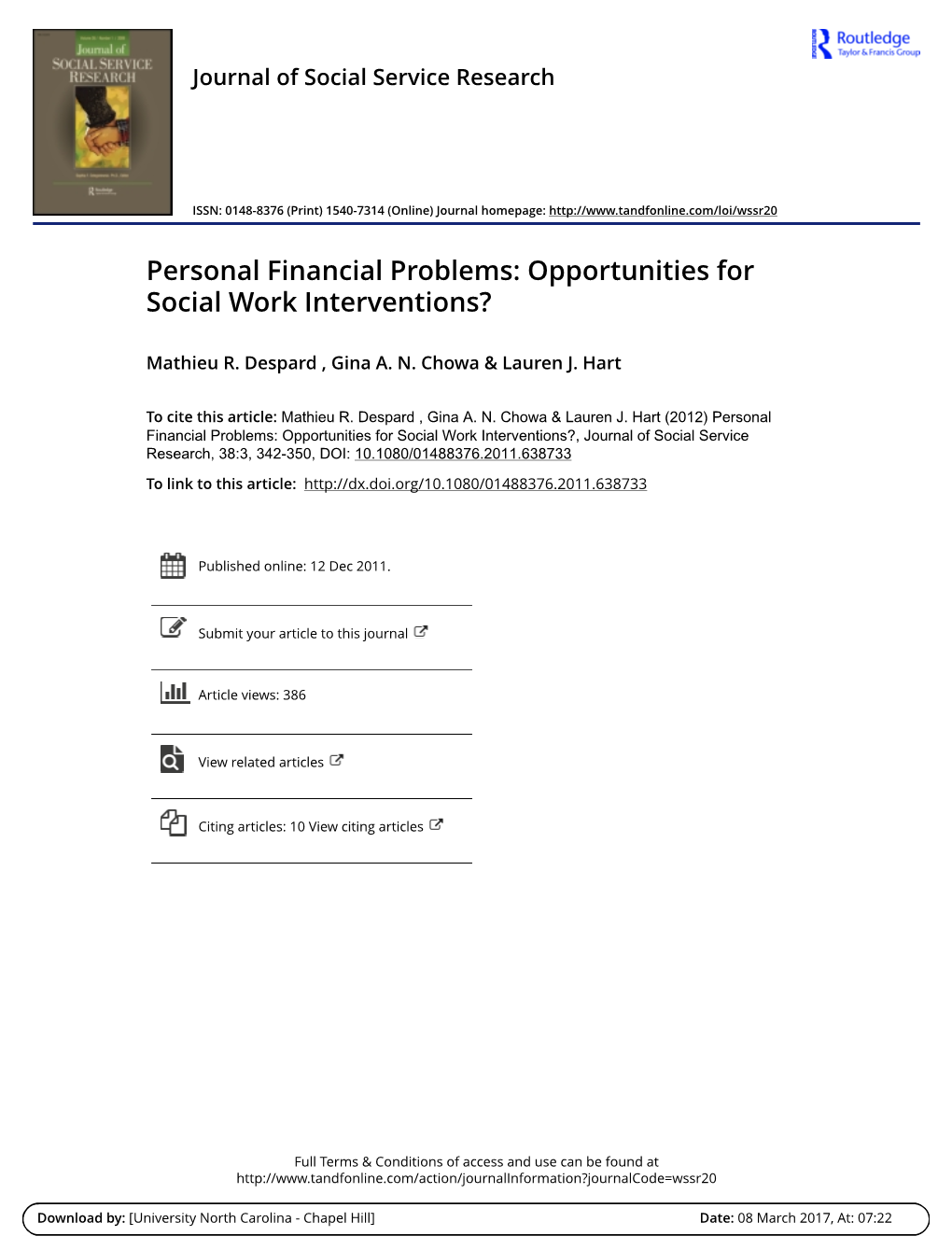 Personal Financial Problems: Opportunities for Social Work Interventions?