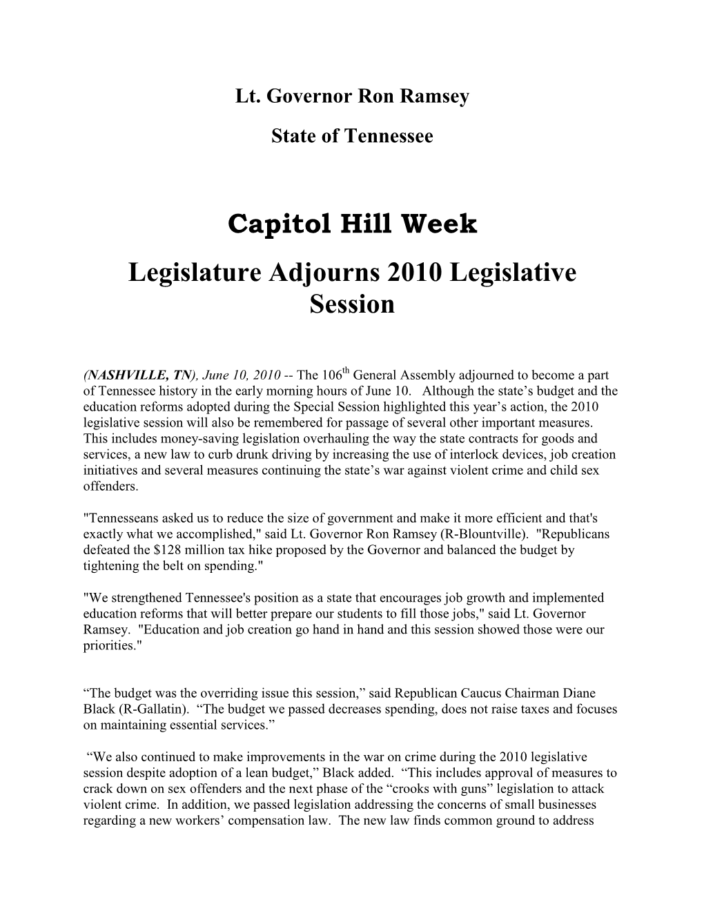 Capitol Hill Week Legislature Adjourns 2010 Legislative Session