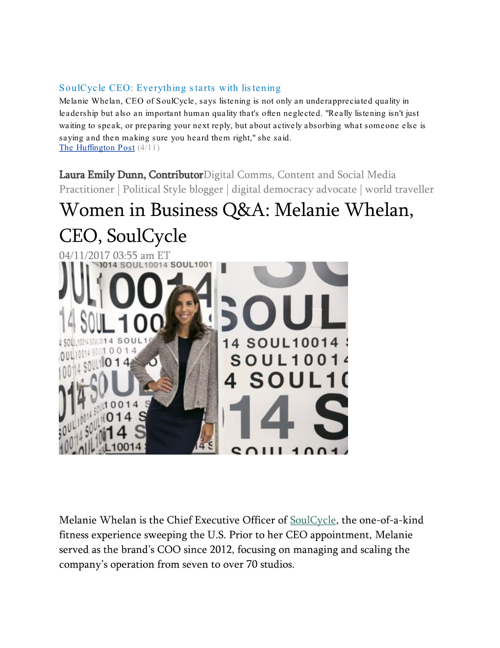 Melanie Whelan, CEO, Soulcycle 04/11/2017 03:55 Am ET