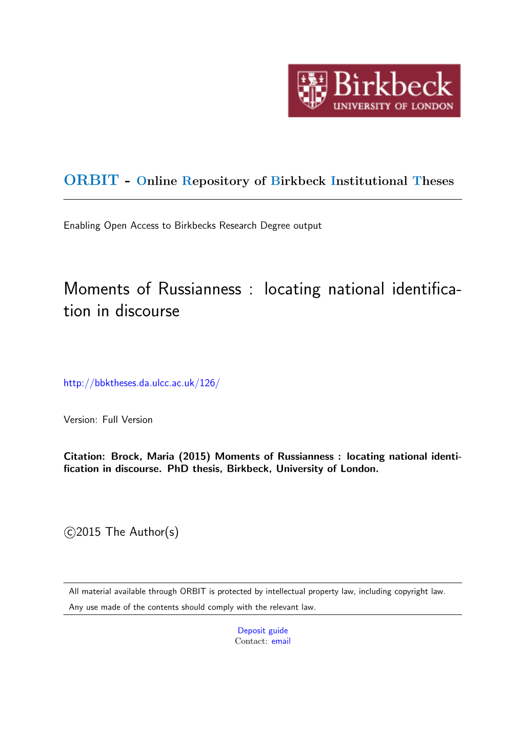 Moments of Russianness : Locating National Identifica- Tion in Discourse