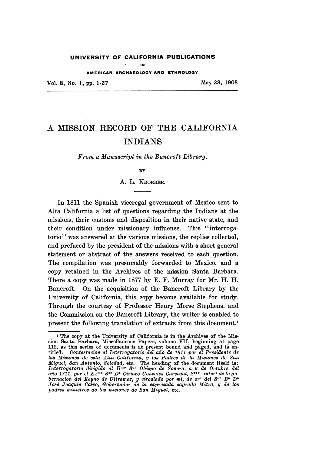 A MISSION RECORD of the CALIFORNIA INDIANS from a Manuscript in the Bancroft Library