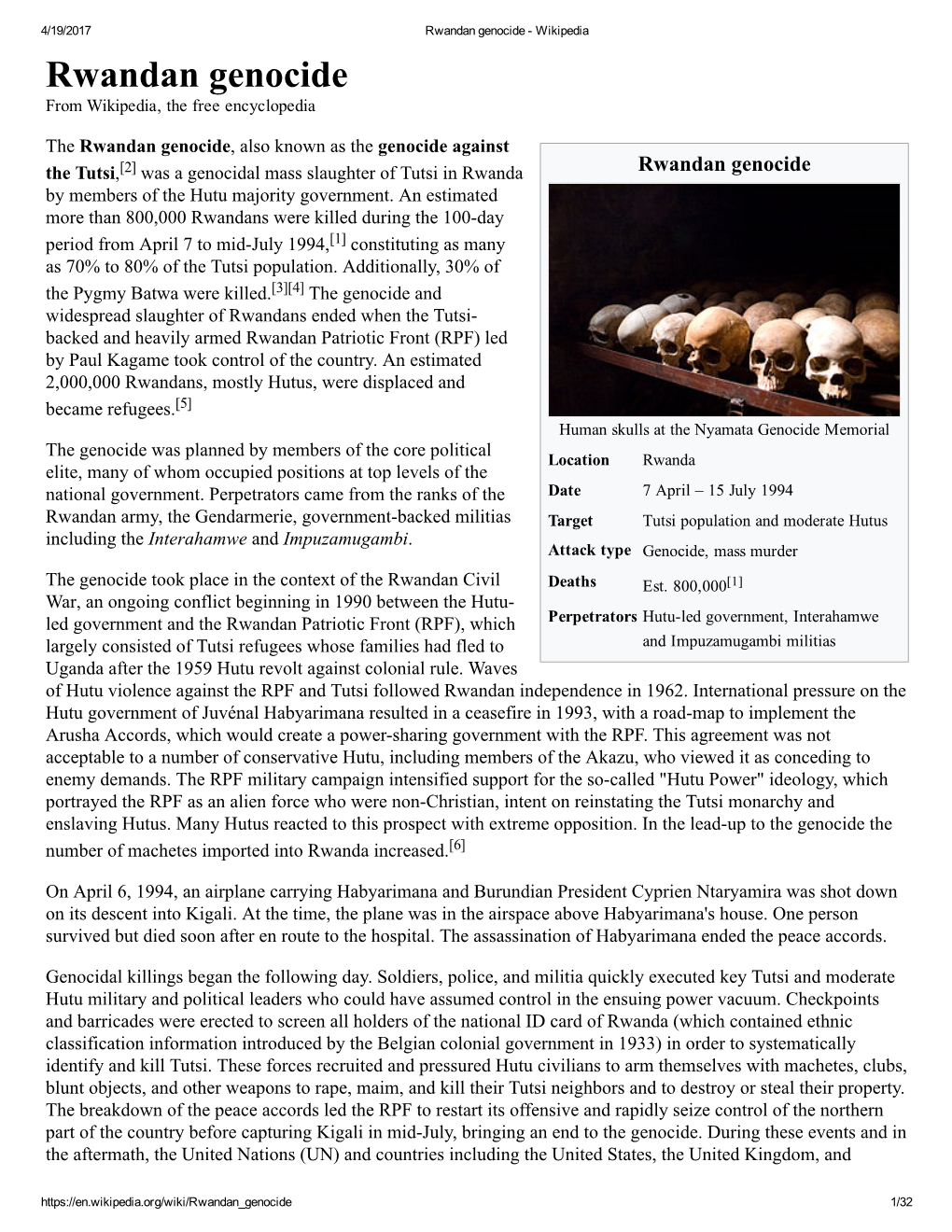 Rwandan Genocide ­ Wikipedia Rwandan Genocide from Wikipedia, the Free Encyclopedia