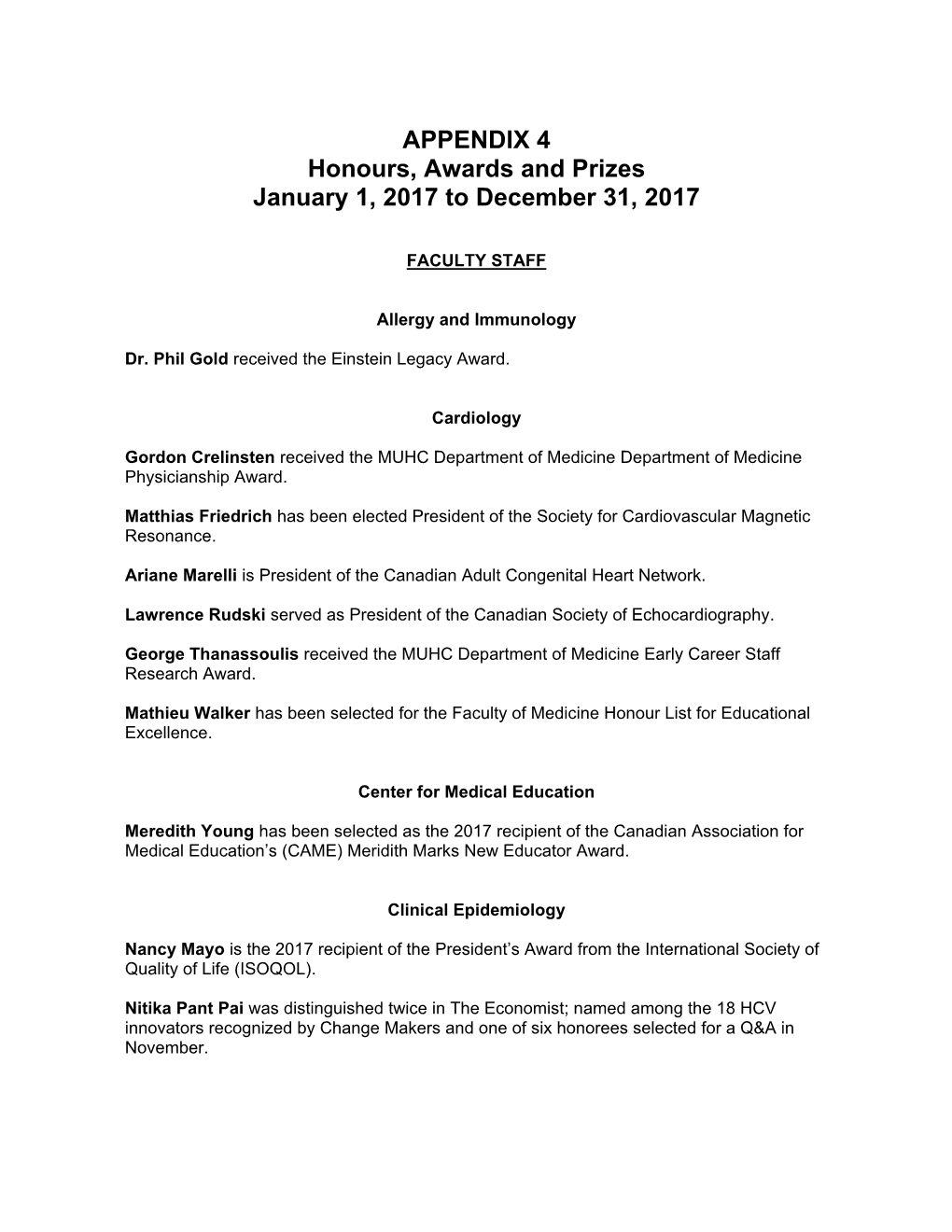 Honours, Awards and Prizes January 1, 2017 to December 31, 2017