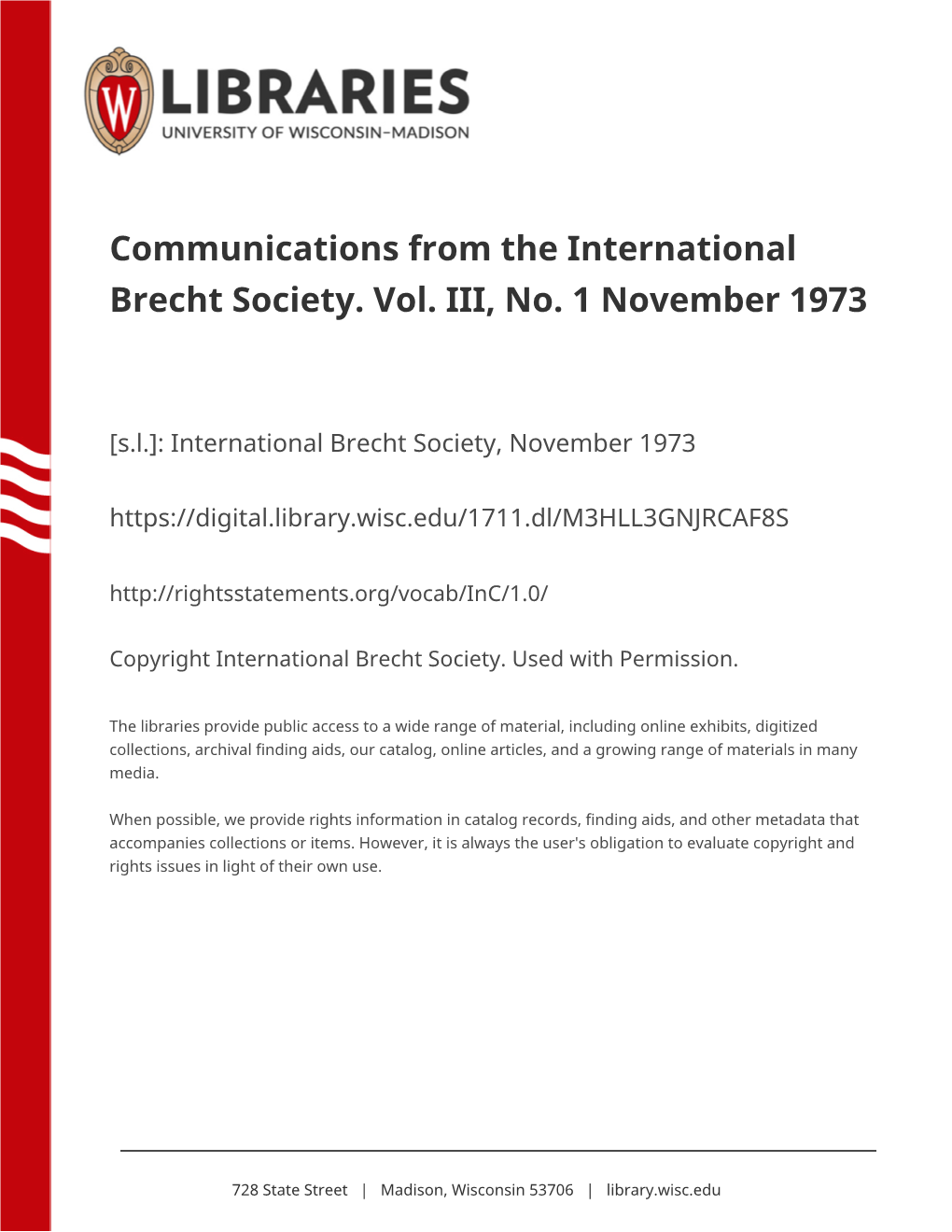 Communications from the International Brecht Society. Vol. III, No. 1 November 1973