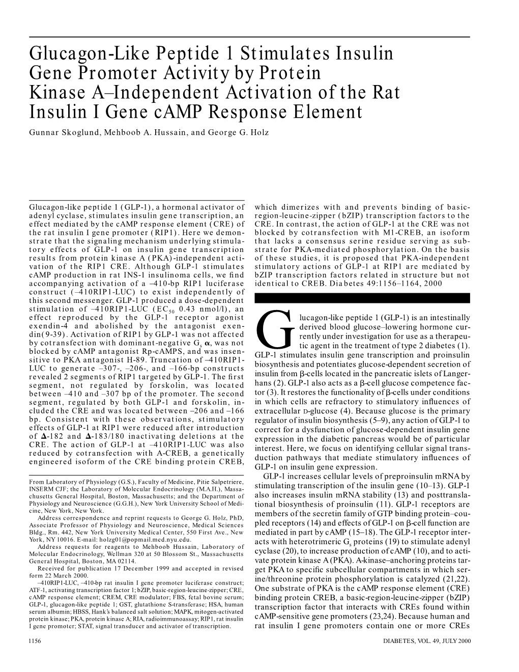 Glucagon-Like Peptide 1 Stimulates Insulin Gene Promoter Activity by Protein Kinase A-Independent Activation of the Rat Insulin