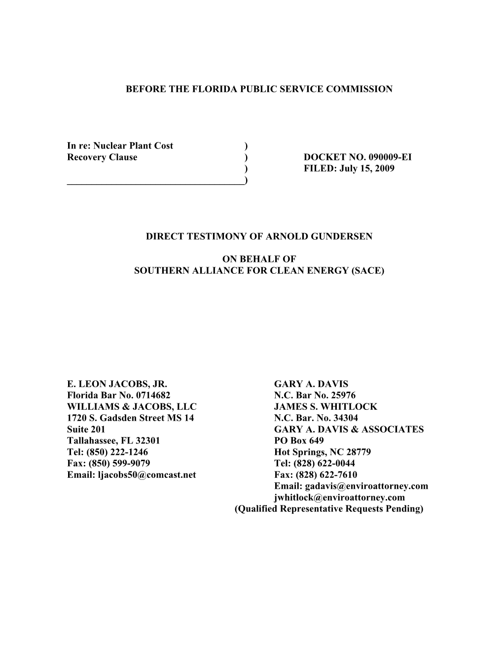 Gundersen SACE Florida Testimony 7-15-09 Jw