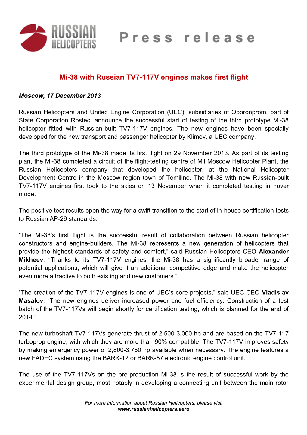 Mi-38 with Russian TV7-117V Engines Makes First Flight