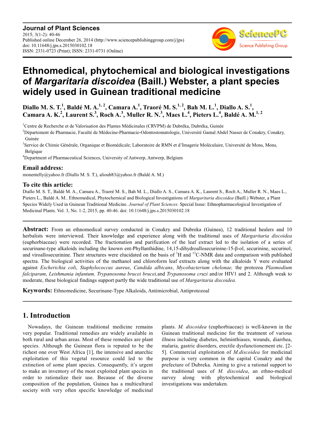 Ethnomedical, Phytochemical and Biological Investigations of Margaritaria Discoidea (Baill.) Webster, a Plant Species Widely Used in Guinean Traditional Medicine
